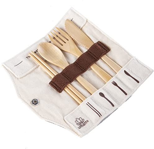 UMAMI Set Couverts en Bois - Mieux que Bambou - Kit Couverts de Voyage Ecologique - Courteau, Fourchette, Cuillère, Baguettes, Sac de Voyage
