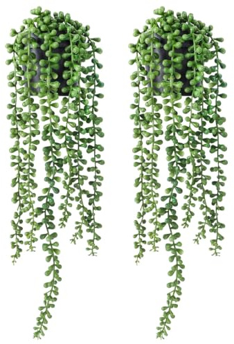 FUNARTY 2pcs Fake Plants Indoor Artificial String of Pearls Plant in Black Pots, Realistic Green Fake Hanging Plants for Shelf Decor Desk Home Garden Decorations