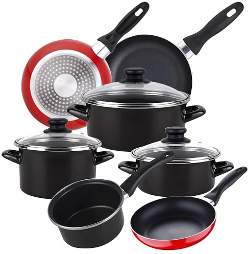 Magefesa Bateria de cocina 7 piezas MAGEFESA Kenia de acero vitrificado con juego de sartenes (16/20/24 cm) Navy Red en aluminio prensado