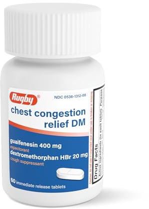 Rugby Chest Congestion Relief DM - Guaifenesin 400mg - Dextromethorphan HBr 20mg - Expectorant Cough Suppressant - 60 Immediate Release Tablets (1 Pack)