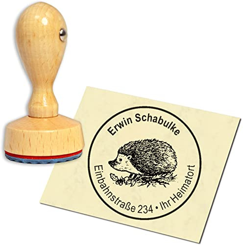 Stempel Adressstempel Holzstempel - Igel auf Wiese - rund ∅ 40mm personalisiert als Firmenstempel Namensstempel Bürostempel