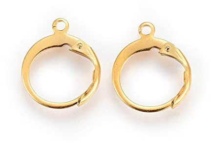 Perlin 10 Stück Ohrhaken Edelstahl, Ring Ohrstecker, echt 24 Karat vergoldet, Ohrringe Klapp Brisuren Ohrhänger Rund Ohr-Verschluss Klappbügel Ohrringhaken