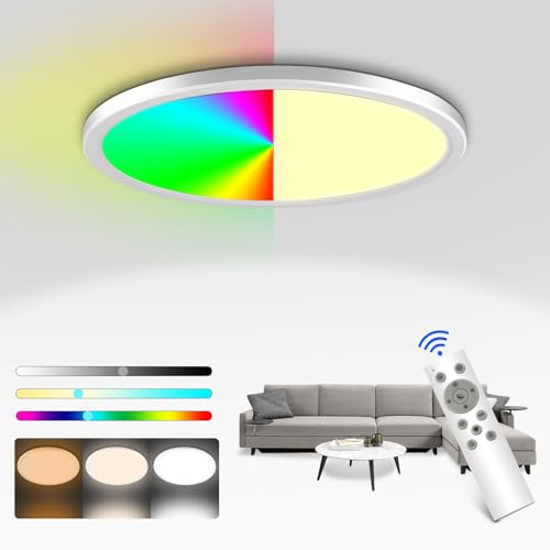 Fwiull 24W LED Deckenleuchte Dimmbar: 3200LM RGB Farbwechsel Deckenlampe mit Fernbedienung, 3000K-6000K Flach Schlafzimmer Lampe Rund für Wohnzimmer Kinderzimmer Badezimmer,IP54 Wasserdicht,Ø30CM