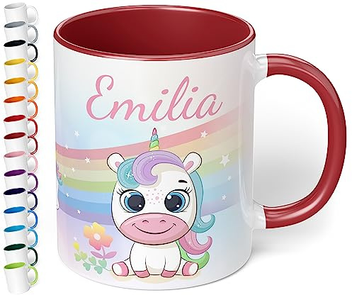 Kinder-Tasse mit Namen „Einhorn mit Regenbogen-Motiv“ – personalisierte Tasse für Jungen und Mädchen - rundum bedruckt – schönes Geschenk zu Weihnachten, Geburtstag (Bordeaux)