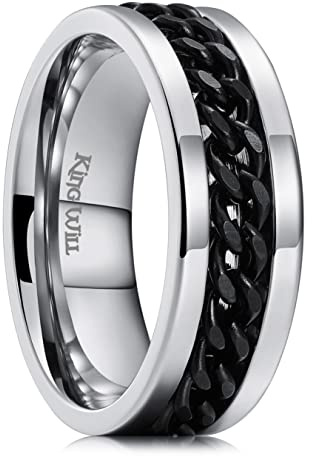 King Will Stainless Steel Men's Ring-8mm Sliver-Plated with Black Men Chain Fidget Spinner Ring, 316L Stainless Steel Ring for Men Women with Stress Free, T 1/2(10)
