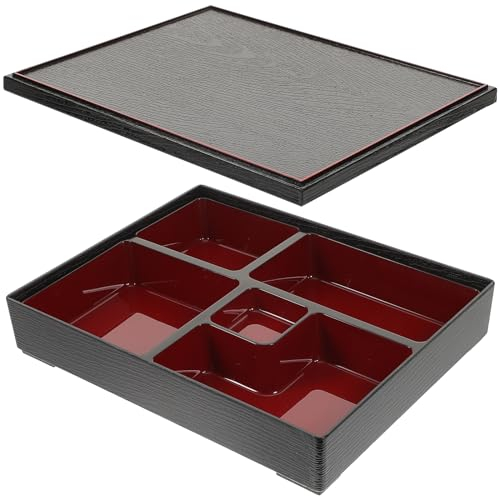 DOITOOL Sushi Bento Box with Lid, Japanese Sushi Tray Lunch Box Food Carrier Containers Snack Serving Tray with Lid for Home Restaurant School, 30X20X10cm(Wood Grain Cover Black)