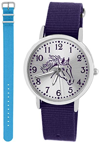 Pacific Time Kinderuhr Mädchen Pferdeuhr Geschenk-Set 2 Armbänder | Geschenk für Mädchen: Pferdeuhr mit violettem Pferdekopf, 2 Armbänder, 5 ATM wasserdicht, günstiger als Einzelkauf
