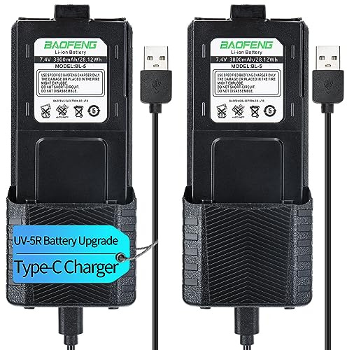 BAOFENG UV-5R Battery 3800mAh USB-C Charging Extended High Capacity Ham Radio Battery UV5R BF-F8HP UV-5R Series Radios with Type-C Charging Cable,2Pack