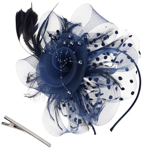 Anseom Damen Braut Feder Fascinator, Hair Clip Hairpin Haarband Blumen Netz Kopfschmuck Feder Haarschmuck Garn Braut Haarschmuck für Party Kirche Hochzeit Cocktail (Königsblau)