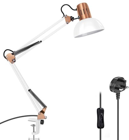 Milpoel Desk Lamp, Metal Swing Arm Table Lamp, E27 Desk Lamp, Clip on Light, Classical Swing Arm Architect Lamp, Adjustable Desk Light for Office, Reading, Bedroom, Crafts (White)
