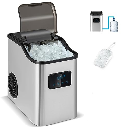 RELAX4LIFE Eiswürfelmaschine Edelstahl 24kg/24h, Kleiner Eiswürfelbereiter mit LED-Anzeige, Timer, Selbstreinigungsfunktion, 2 Einfüllmöglichkeiten, 2,5 L Wassertank & Eisschaufel, Ice Cube Maker