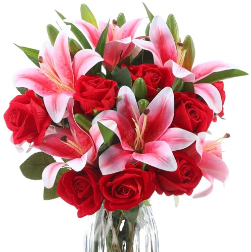 Hotop 20 Pcs Artificial Flowers Mother's Day Velvet Realistic Roses and Latex Lilies Flowers Bouquet Decorations Arrangements for Home Table Centerpieces Wedding Decor(Pink, Red)