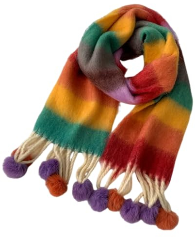 Kabelife Warmer Bunterschal Damenschal Winter Kaschmir Streifenschal Pashmina Schal mit Quasten 200 * 35cm(Bunt)
