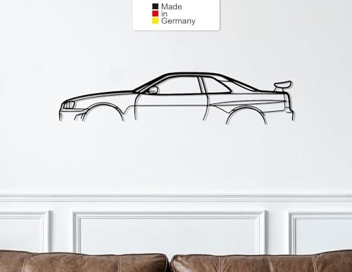 MetalGiftsWorld Skyline GT-R R34, Metall Wandbild, Wanddeko, Auto Silhouette, Metal Car Wall Art (Größe: 137 cm (54))