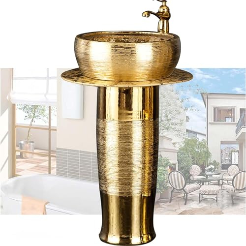 ZTGL Waschbecken Waschtisch Standwaschbecken für Badezimmer Keramik Handwaschbecken Mit Wasserhahn Und Abflussgarnitur Säulen-Waschplatz Waschschale Gold,Without Mirror