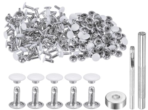 QUARKZMAN 100 Ensembles Rivets en Cuir 8mm x 10mm Métal avec Double Capuchon, Attaches Pression et 3 Outils de Pose Rivet à Frapper pour Réparation de Projets Maroquinerie, Couleur Blanche