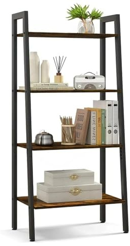 Ladder Shelf, 4-Tier Ladder Bookshelf, 23.5inch Industrial Bookcases, Etagere Utility Organizer Shelves, Small Freestanding Display Shelves with Metal Frame for Bedroom, Living Room, Plant, Brown