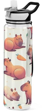 ODAWA Durchsichtige Wasserflasche mit niedlichem Capybara-Tier-Motiv, Sport-Trinkflasche mit Tragegurt, Liter-Wasserflasche