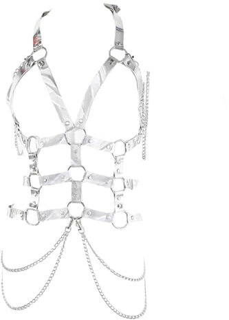 ALMYMM Damen Body Harness Set, Leder BH Body Chain BH Dessous Strumpfband Set, Gothic Kleid Taillengürtel Punk Leder Körperkette Rave Outfits Zubehör für Frauen und Mädchen, silber, Large