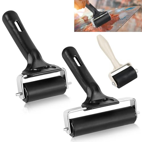 3 Stk Gummiwalzen Gummiroller Farbwalze Linoldruck 3.5cm/6cm/10cm Malerwalze Gummi Andrückroller Brayer Roller Schwarz Linolfarbwalze Walzen mit Griff