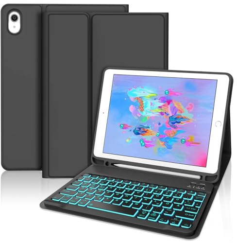 WINCHKING Funda con Teclado para iPad 6 Generación, Teclado para iPad 6./5. Generación 2018/2017, Pro 9.7/Air 2/ Air 1, Retroiluminación de 7 Colores, Bluetooth Magnético QWERTY Español Ñ, Negro