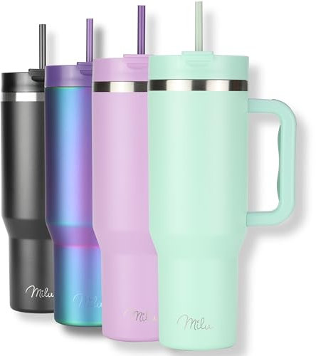 Milu Vaso Térmico con Asa y Pajita 1.2L (40oz) Termo Conserva el Frío 24 Horas Helada Durante 48 Horas, Botella de Agua Acero Inoxidable Aislado Vaso de viaje para café helado – Tumbler (Mellow Mint)