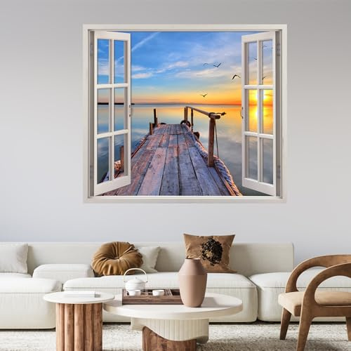 GRAZDesign Wandtattoo Fensterblick Fenster See mit Steg Wandsticker Bild Wandaufkleber Wall Sticker Wohnzimmer Schlafzimmer - 80x70cm