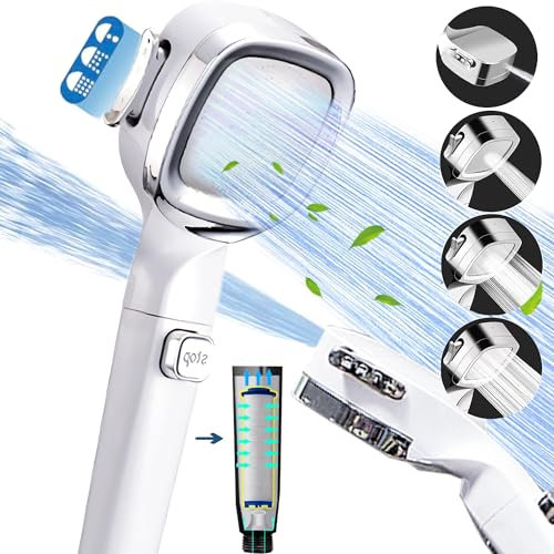 Filtered Shower Head with Water Saving and Stop Button 4 Settings High Pressure Showerhead with Built in Powerful Jet Ideal for Cleaning Tub Tile and Pet Improve Shower Experience and Save W