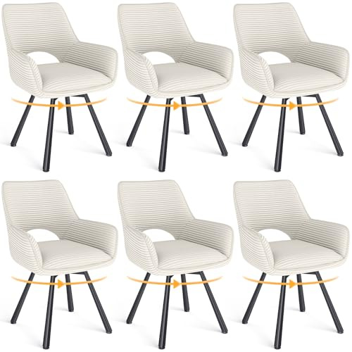 WAFTING Esszimmerstühle 6er Set Drehbar 360°,Armlehnstuhl,Küchenstuhl,Beige | Metallbeinen,Cord Stoff,Küchenstühle,Wohnzimmerstuhl,Polsterstuhl mit Samt,Esszimmer,Restaurant,Schlafzimmer,Konferenzraum