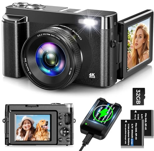 Oiadek Appareil Photo Numérique,4K 48MP Autofocus Camera Vlog avec 32G Memory Card,Appareil Photo Compact with 16X Digital Zoom for Teenagers