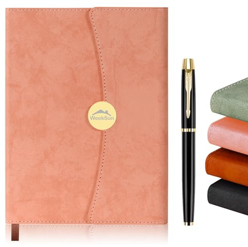 WEEKSUN Leder Notizbücher, Notizbuch A5 Mit Magnetverschluss und Stift， Notizbuch aus 100Gsm Papier Mit Horizontalen Linien Geeignet Für Schüler, Lehrer und Büroangestellte(Rosa)