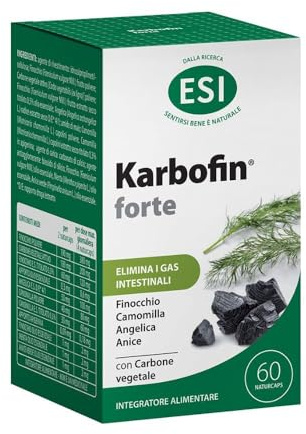 ESI, Karbofin Forte, Integratore Carbone Vegetale Gonfiore, Elimina i Gas Intestinali e Regolarizza l'Attività Intestinale, Con Finocchio, Camomilla e Anice, Vegan, Senza Coloranti, 60 Naturcaps