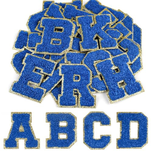 CHRORINE 26/52/104 Stück Selbstklebende Chenille Buchstabenflicken A-Z, Kann auch Nähen oder Bügeln, Bestickte Alphabet Patch Aufkleber für DIY Kleidung, Taschen, Hüte (26, Dunkelblau, Höhe 2,16″)