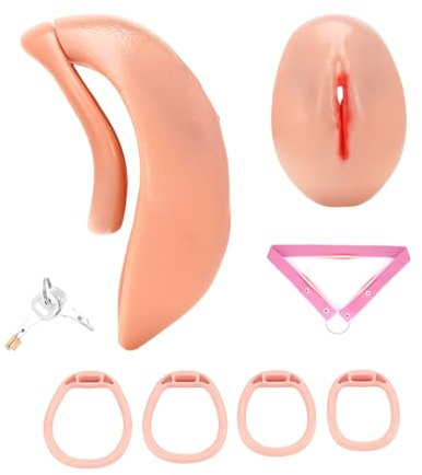 Peniskäfig aus Harz Sexspielzeug Sissy Chastity Cage mit Verdecktem Schloss und 4 Gebogene Ringe Faux Pussy Keuschheitskäfig Herren mit Gürtel Leichter und Bequemer Cock Cage (Small)