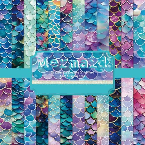 24 Mermaid Scale Scrapbook Paper Sheets, 6 x 6 Glitter Scales, Great for DIY Cards, Journals, Gift Wrap (A)