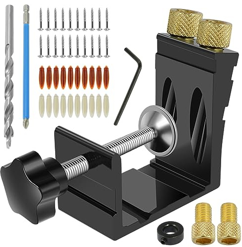 Pocket Hole Jig Kit Metal Pocket Screw Jig Adjustable Drill Guides for 15 Degree Angle Holes Precision Woodworking Angle Joint Locator Tool with 20 Screws 1 Hex Key for Carpentry