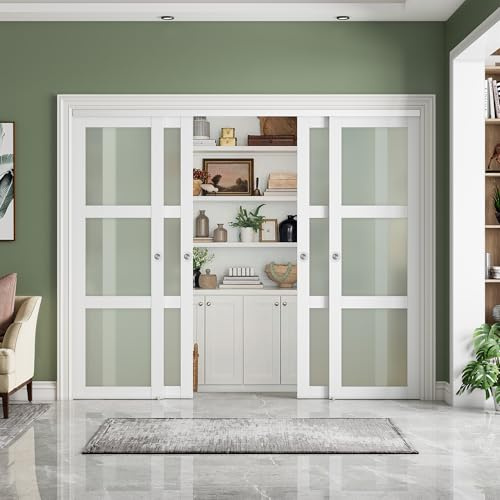 SMARTSTANDARD Sliding Closet Door 96x80(Double 48) Inch, Bypass Frosted Glass 3-Lite,Hardware Kit with Handles Included, Preassembled MDF with PVC Panels for Easy Install, White