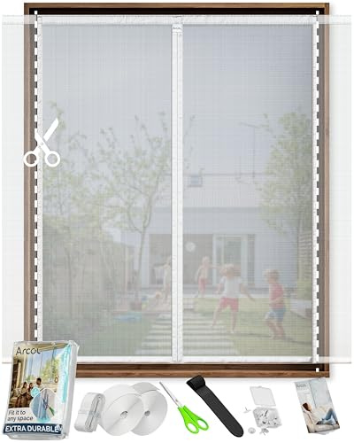 ARCOL Moustiquaire Magnétique pour Portes 155x140 cm Réglable en Largeur – Rideau Moustiquaire Porte Fenêtre avec Bandes Velcro, Moustiquaire Magnétique Porte Fenêtre Raccourcissable (Blanc)