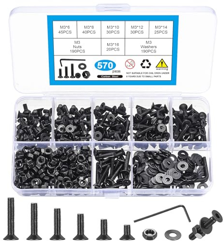 570 Pcs M3 Metric Screw Assortment, Flat Head Machine Screw Assortment Kit, Countersunk Hex Socket Cap Screws Set with Washers, Countersunk Bolts and Nuts Set with Wrench(Black)