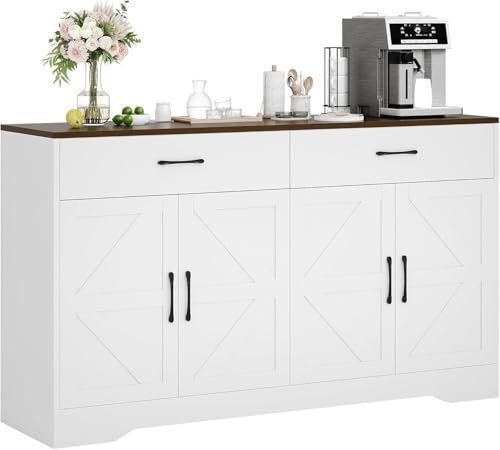 Sideboard Buffet Cabinet with Storage, 55.1 Large Kitchen Storage Sideboard with Drawers & Doors, Modern Wood Farmhouse Coffee Bar Cabinet, Buffet Table for Kitchen, Living Room, White, 55.1INCH