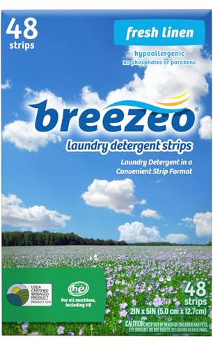 Breezeo Tvättmedelsremsor (tvättmedel lakan), fräsch linnedoft, 48 laster – mer bekvämt än pods, Paks, vätskor eller pulver – utmärkt för hem, sovsal, resor, camping och handtvätt