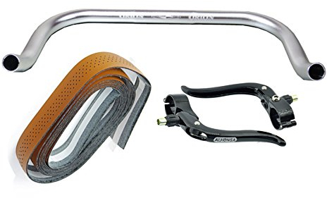 Permanent cykel bullhorn Fixie Singlespeed racercykel triathlon-styre silver 440 mm med matchande bromsspak och ljusbrunt styrband