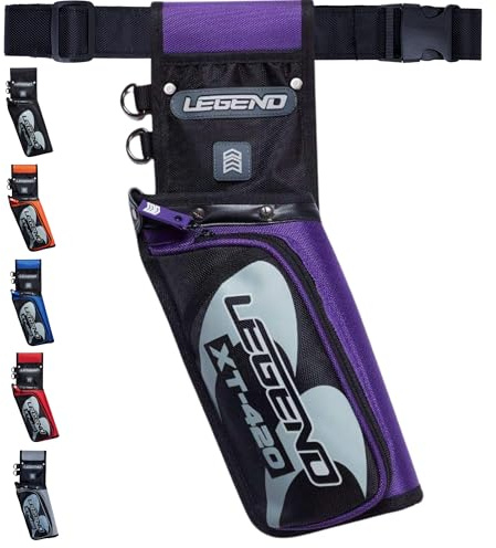 Legend XT420 Arrow Quiver - Quiver Arrow Holder, Archery Quiver with 3 Arrow Tube, Durable Nylon Hip Quivers with Multiple Pockets for Archery Accessories, Score Card & Tools - Right Handed, Purple