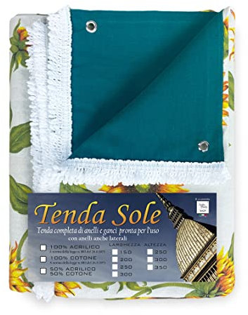 Tende per Esterno - Tende da Sole per Esterno CON ANELLI | Tenda da Giardino, Veranda, Gazebo, Portico | Ganci per Applicazione | Resistente e Lavabile, Cotone 100% Durevole, Stampa Girasole - 150x250