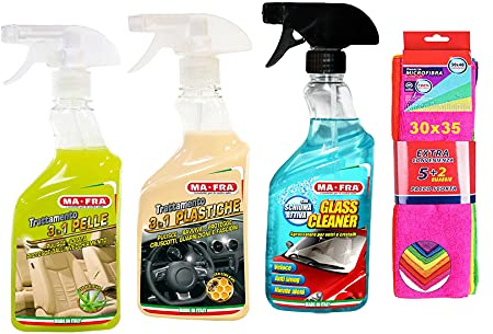 Ma-Fra Kit Trattamento Auto Interno ED Esterno. TRATTAMENTO 3IN1 PELLE- PLASTICHE- GLASS CLEANER, INSIEME 7 PANNI MICROFIBRA MULTIUSO 30x35 cm