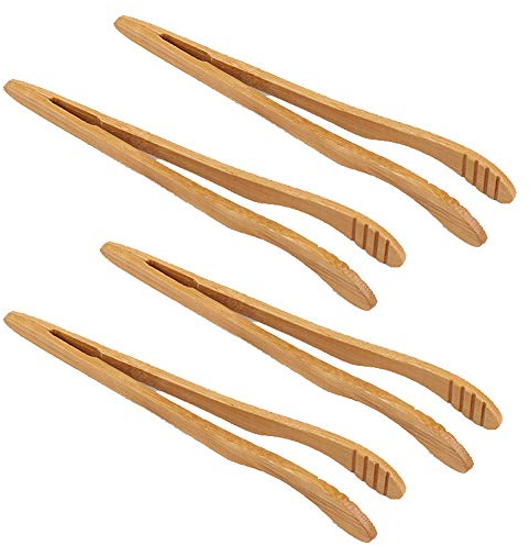 4 Pieces 7.08 Bamboo Tongs Bamboo Tea Tongs Bamboo Toaster Tongs Kitchen Food Tongs Eco-Friendly Chinese Tea Tongs for Tea Toast Bread Fruits Pickles, Curved Arms with Teeth