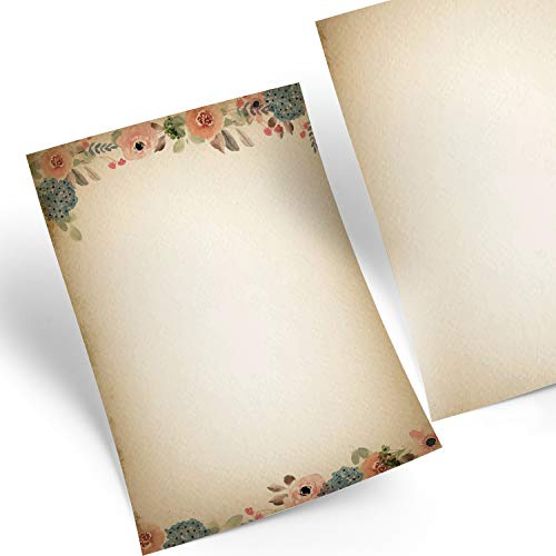 Logbuch-Verlag 50 ark brevpapper vintage blommor beige rosa blå A4 – på gamla boho nostalgi skrivarpapper motivpapper att skriva ut