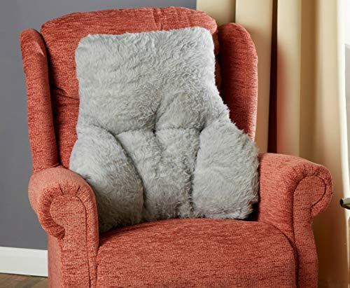 Back Posture Fleece Support Cushion with Lumbar Section - HOME OFFICE/WORK FROM HOME - Cream/Grey/Tartan Reversible - MADE IN UK - Cosy Faux Sherpa Fleece (Grey Fleece / Grey Back)