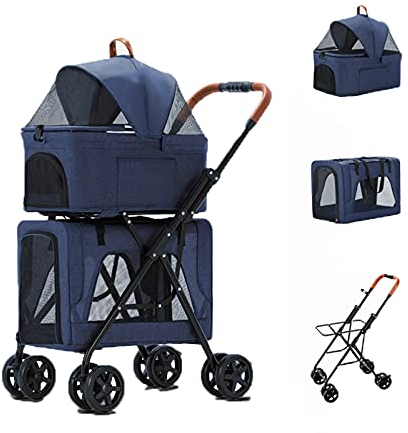 LJFLI Hundebuggy Hundewagen 2 Katzen Kleine Hunde GroßE Hunde Klappbar Abnehmbarer Stoffbezug Doppellagiger Haustierwagen Geeignet füR Outdoor-Reisen,Blue