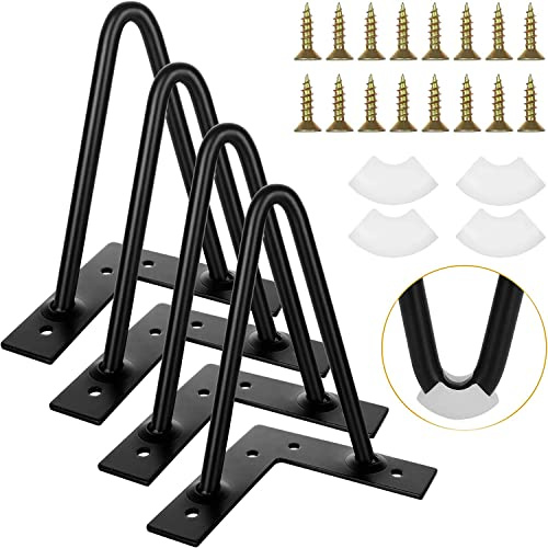 GOYADA Lot de 4 Pieds de Table en Épingle à Cheveux 15 CM, Pied de Table Basse Metal Noir avec des Vis, Pied Meuble Industriel pour Table Basse, Armoire, avec Protecteurs de Sol en Caoutchouc